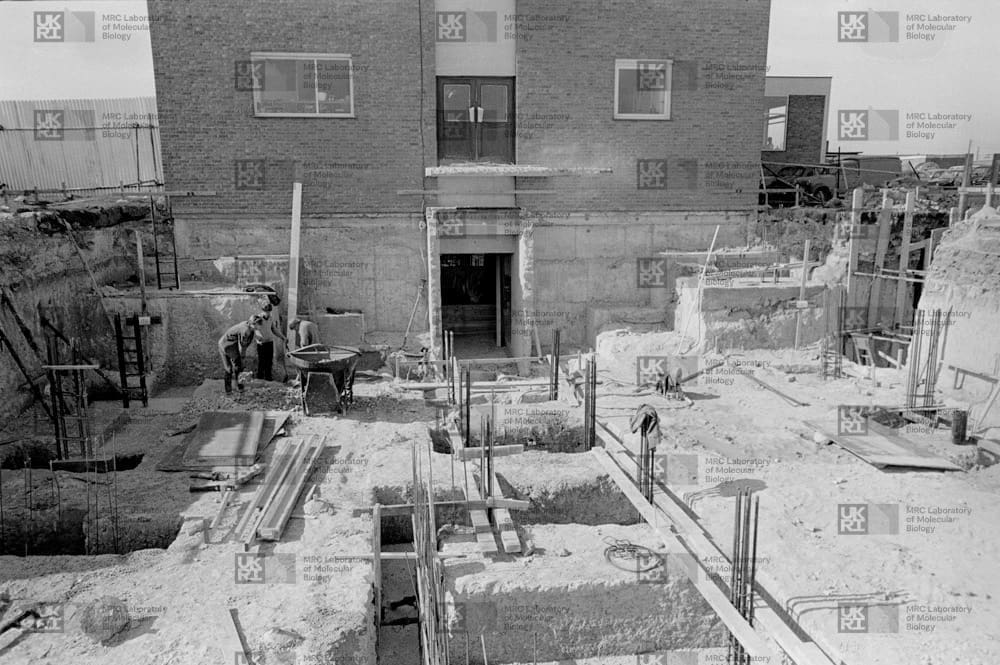 Construction workers are busy in an excavated area, laying foundations for a building with LMB logo watermark overlay.