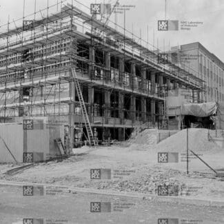 Multi-story laboratory building under construction with extensive scaffolding, a large ladder, piles of dirt, and temporary structures with LMB logo watermark