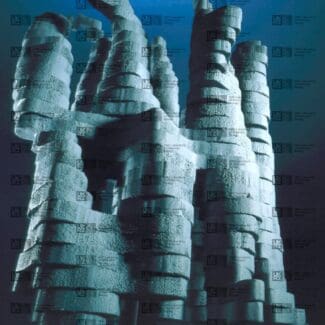 Grey-blue 3D model shows multiple textured, layered columns resembling abstract towers on a dark blue background with with LMB logo watermark overlay.