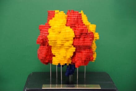 Layered sculpture of red and yellow stacked pieces, forming an irregular shape, mounted on a dark stand with metal rods against a green background.