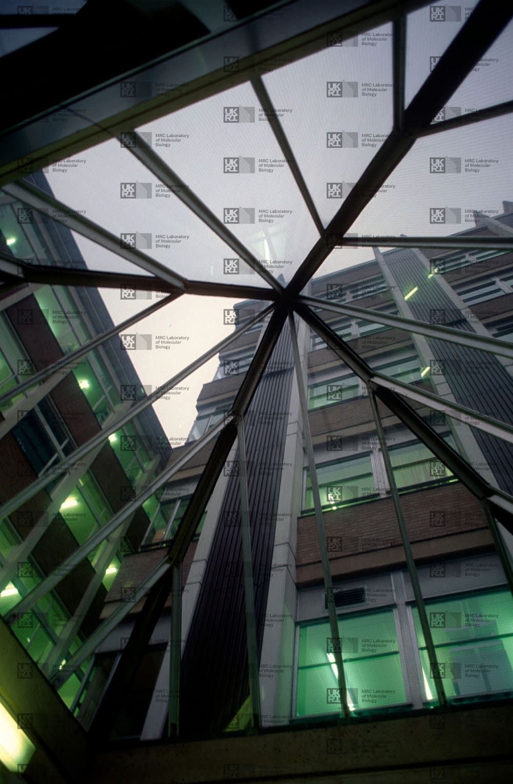 View up through a glass pyramid skylight, revealing parts of a multi-story brick building with green-tinted windows with LMB logo watermark overlay.