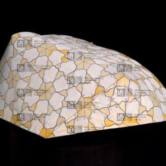 Physical model illustrating the complex, faceted architecture and repeating protein units of a viral capsid, with labeled facets with LMB logo watermark overlay.