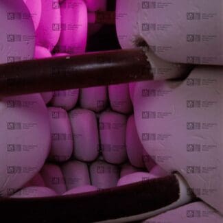 Stacked light-colored cylindrical structures, lit by glowing magenta light, are intersected by two horizontal dark brown rods with LMB logo watermark overlay.