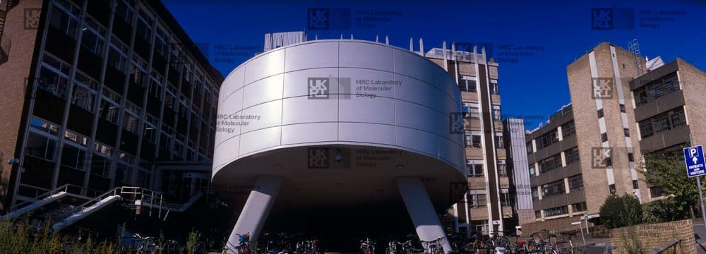 A circular, elevated MRC Laboratory of Molecular Biology building surrounded by other modern laboratory structures under a clear blue sky with LMB logo watermark overlay.