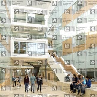 Modern multi-level building atrium with glass walls, wooden accents, stairs, and people walking and sitting with overlay of MRC LMB logo watermark.
