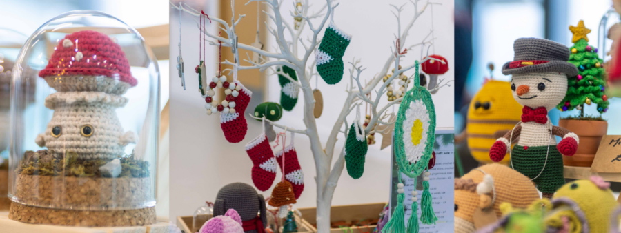 Three images of crafts sold at the Christmas sale. First image is of a crotchet toadstool under a glass dome, second image is of a white tree holding crotchet baubles and the third image is of a crotchet snow man