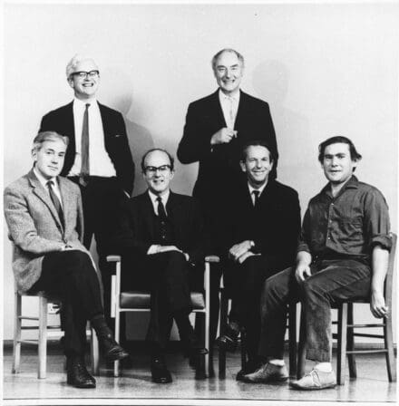 Black and white photo of six men