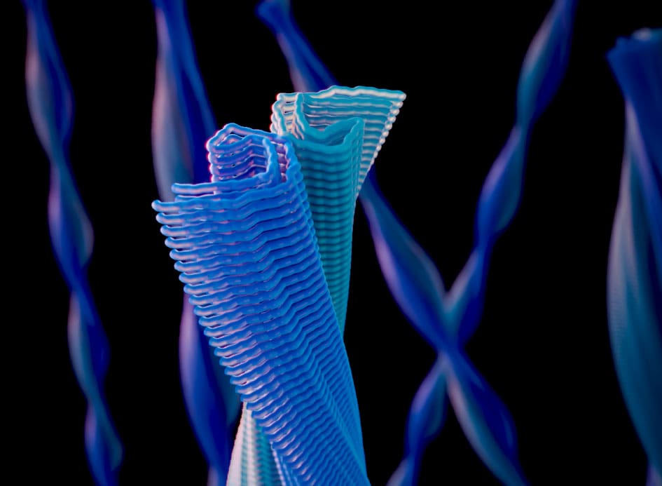 Twisted bundles of blue tau filaments, with simpler twisted fibers visible in the background.