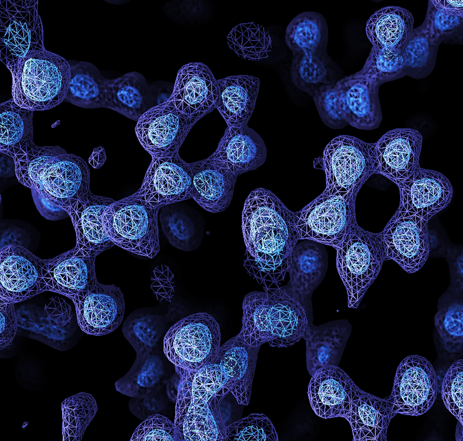 Cryo-EM electron density map of a macromolecular complex, revealing its intricate 3D structure as a purple wireframe mesh with blue density blobs.