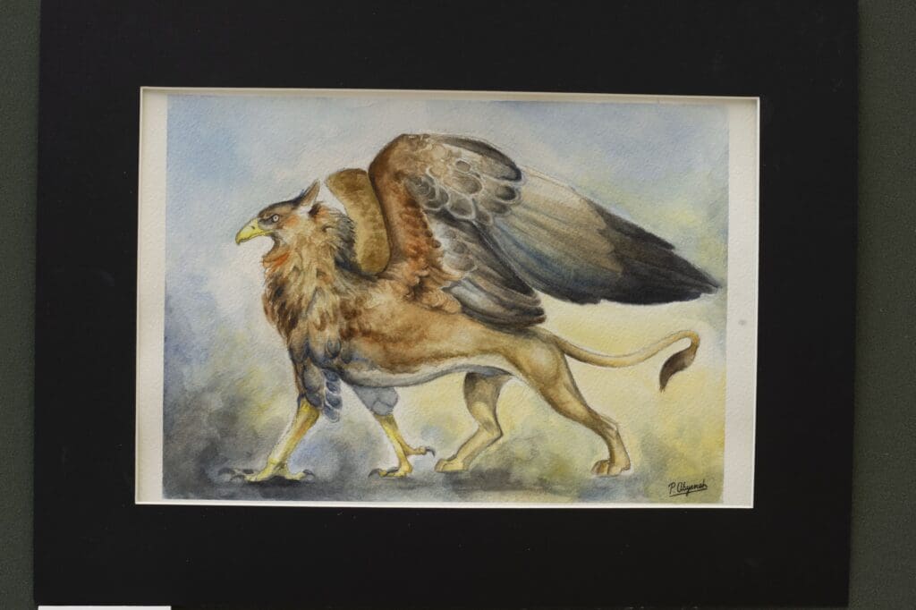 Landscape watercolour painting of a griffin.