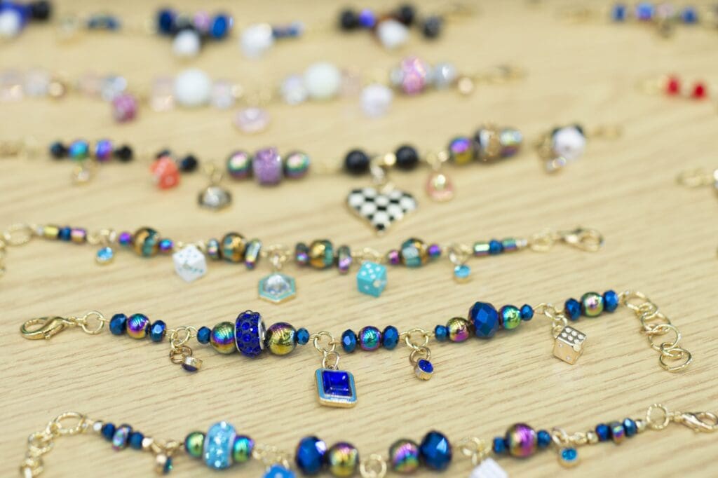 Close up of beaded bracelets.