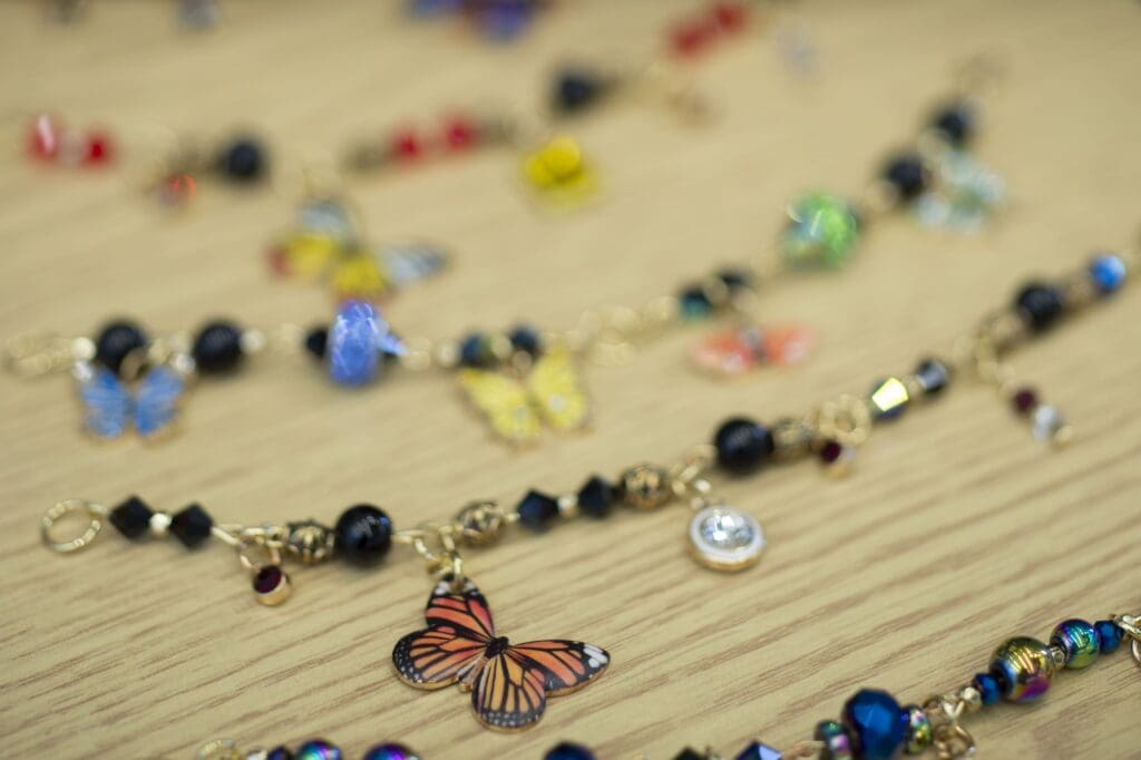 Close up of beaded bracelets.