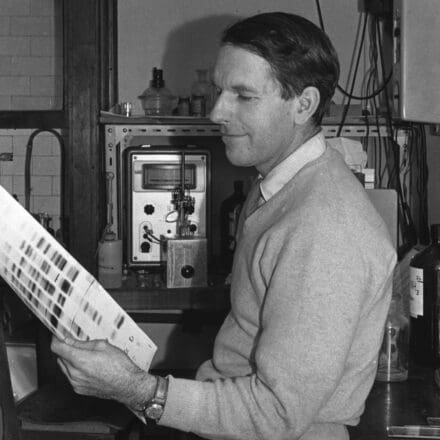 Fred Sanger holding DNA autoradiograph