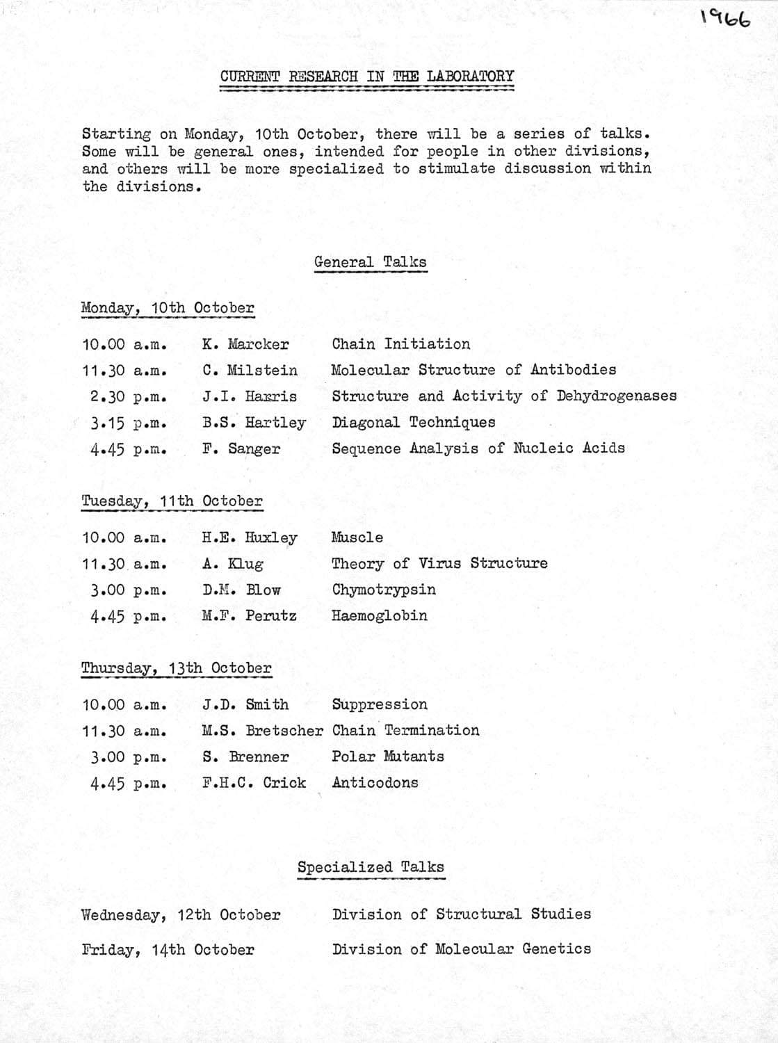 Page of black text on white page listing programme of symposium talks