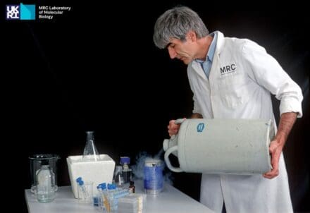 Man in lab coat pouring a substance from a large container into a beaker on a table. There are other test tubes and beakers laid out on the table
