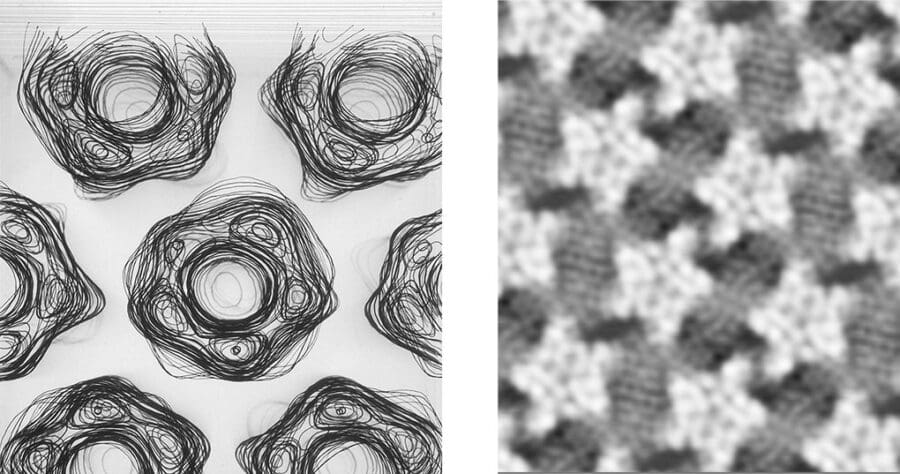 Cryo-EM density map (obtained in 1985, left) showing acetylcholine receptors in isolated Torpedo postsynaptic membrane, and a section through a recent density map showing cholesterol-ordered lipids filling the spaces between neighbouring receptors