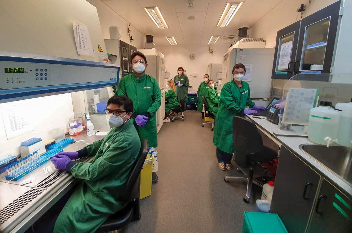 Volunteer team in-action at the Addenbrooke’s NHS staff testing facility on the Cambridge Biomedical Campus.