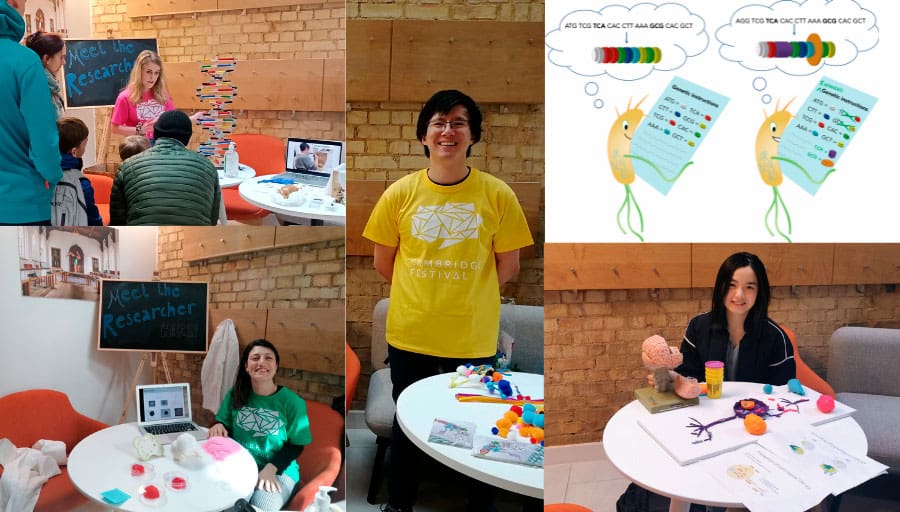 Collage of images of scientists who took part in the Cambridge Festival Meet the Researcher event. Top right is a graphic of bacterial cells reading instructions for how to re-code Lego bricks as part of their genetic code from Kim Liu’s talk.