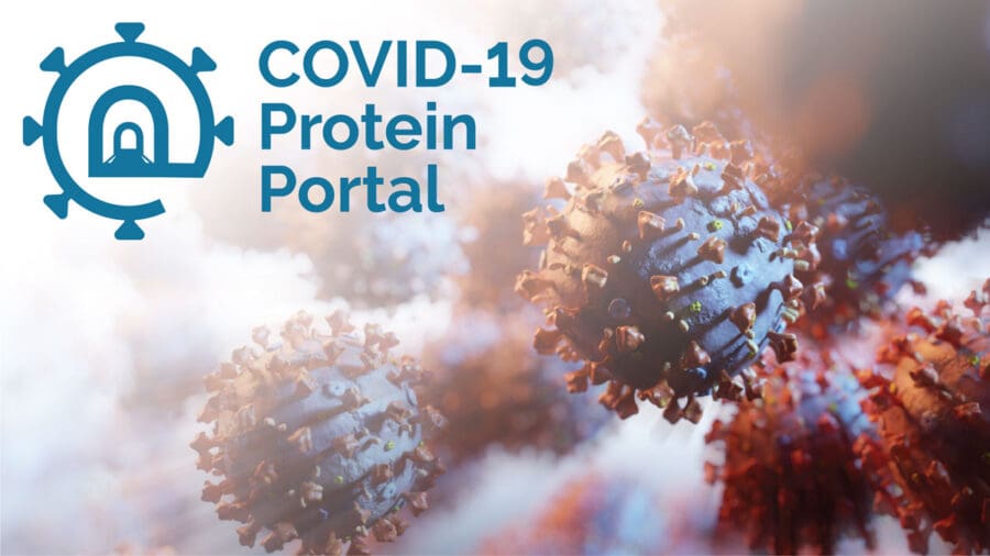 Covid-19 protein portal written on background of virus molecules