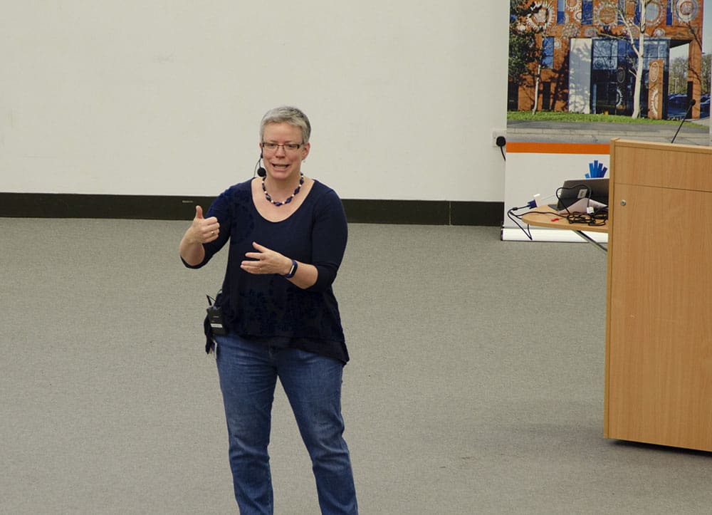Liz Miller speaking at the Cambridge Academy for Science and Technology