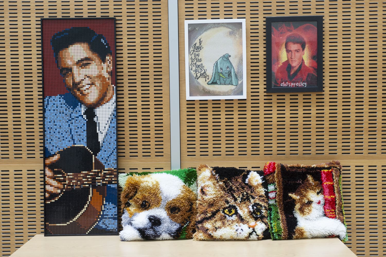 Diamond painting, punch needle pillows and cross-stitch