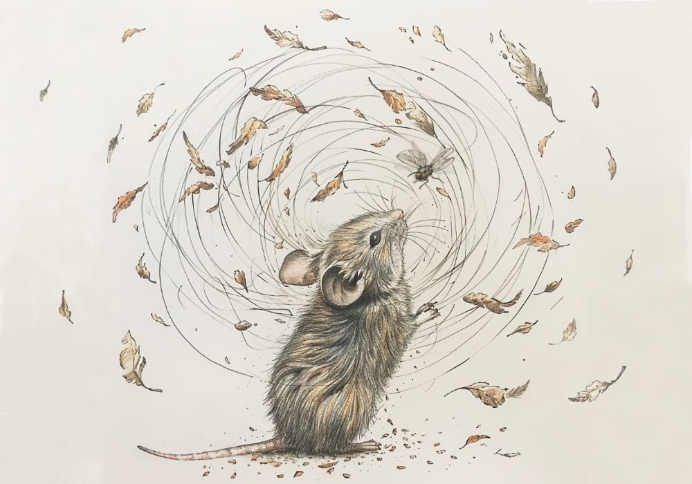Illustration showing a mouse interacting with a dynamic environment of leaves being swirled around by wind, the mouse is focusing on an approaching fly illustrating the process of translating kinetic visual information into motor commands