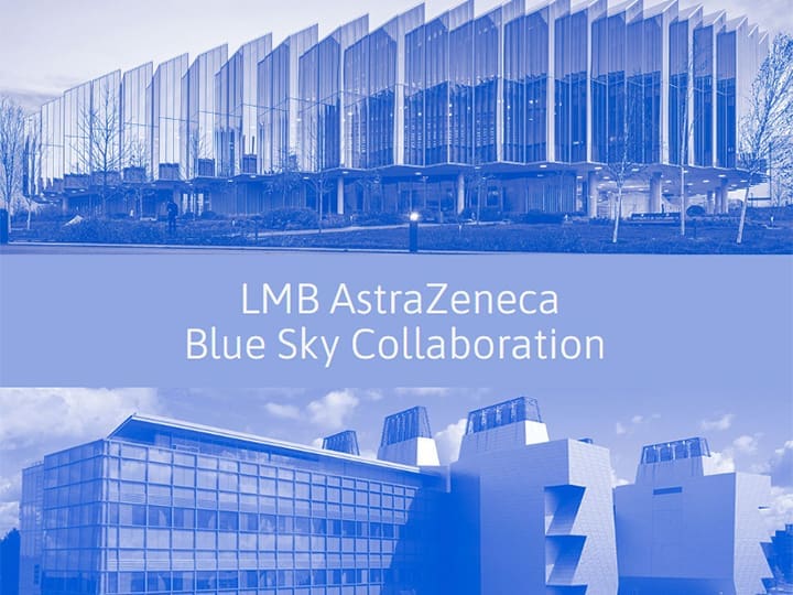 Two modern buildings with a pale blue banner between them displaying "LMB AstraZeneca Blue Sky Collaboration".