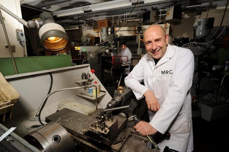 Steve Scotcher next to a centre lathe