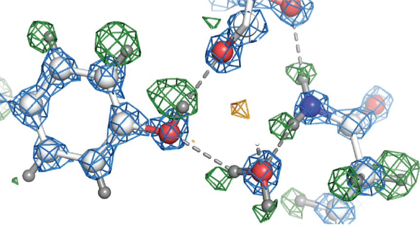 Molecular structure showing atomic models (spheres, sticks) embedded in electron density maps (blue, green wireframes), with hydrogen bonds.